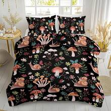 Colorful Mushroom Duvet Cover Set - Queen Size, 3 Piece Aesthetic Mushroom Bedding Set With Wild Plants And Flowers, No Comforter Included - 蝸牛菇 - 查看 6