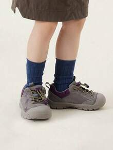 7-18 Years Old Unisex Children Retro Gray Outdoor Running Hiking Training Shoes, Casual Lace-Up Round Toe Purple Star Pattern Sneakers For School, Travel, Daily Wear