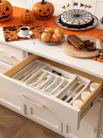 1pc MIXED Cutlery Drawer Organizer, Kitchen Utensil Tray Silverware Drawer Organizer, Expandable Kitchen Utensil Tray, Cutlery Holder, Compact Plastic Spoon Fork Knife Storage Box, Large Size