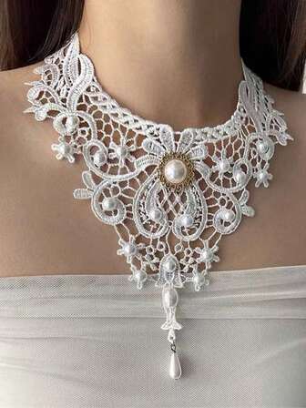 1 件哥特式白色蕾丝镂空花卉项链，带流苏吊坠，优雅女士颈链，适合日常佩戴和派对装饰
