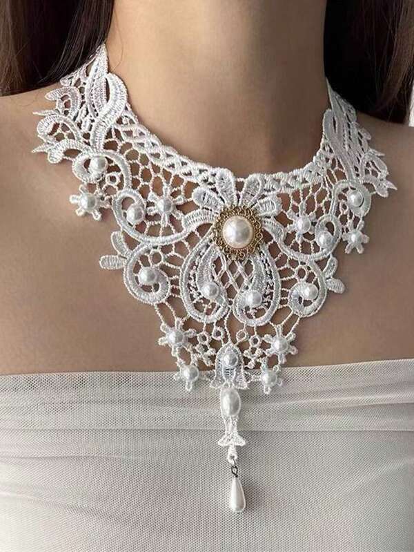 1 pieza Collar de encaje blanco estilo gótico con flores huecas y colgante con flecos, collar gargantilla elegante para mujer, adecuado para uso diario y decoración de fiestas