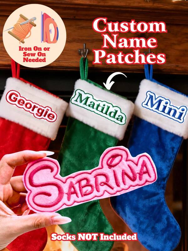 Custom 1/3/5pcs Embroidered Name Patches - Personalized Iron On/Sew On 3-6inch Patch For Jackets, Hats, Mom Gifts Custom Embroidered Name Patches - Personalized Iron On/Sew On Patch For Jackets, Hats, Mom Gifts,For Christmas Gift, Christmas Decor, Christmas Ornaments, Birthdays, Christmas Decorations, Christmas Gifts, Christmas Decor, Christmas Decorations For Home, Personalized Christmas Gift