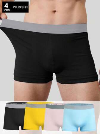 4pcs/Pack Plus Size Men's Simple Solid Color Elastic Waist Basic Boxer Briefs, Seamless Comfortable Breathable Sports Shorts