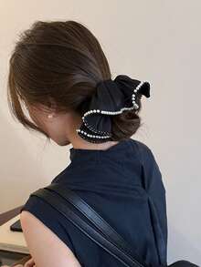 1 pieza Scrunchie de perlas de unicolor negro/beige de alta calidad de 18 cm/7.08 pulgadas (esta es la longitud máxima del área desplegada), estilo elegante y retro de palacio, adecuado para decoración diaria, coleta, maquillaje, baño, viajes, escuela, fiesta, vacaciones y regalo para mujeres