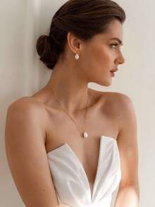 1 件精致简约水滴形人造珍珠金项链，适合女士，魅力优雅水滴形人造珍珠金耳环，适合女孩，纯正浪漫婚礼珠宝套装，适合女士佩戴参加派对或赠送礼物给朋友 - 項鍊+耳環 - 查看 4