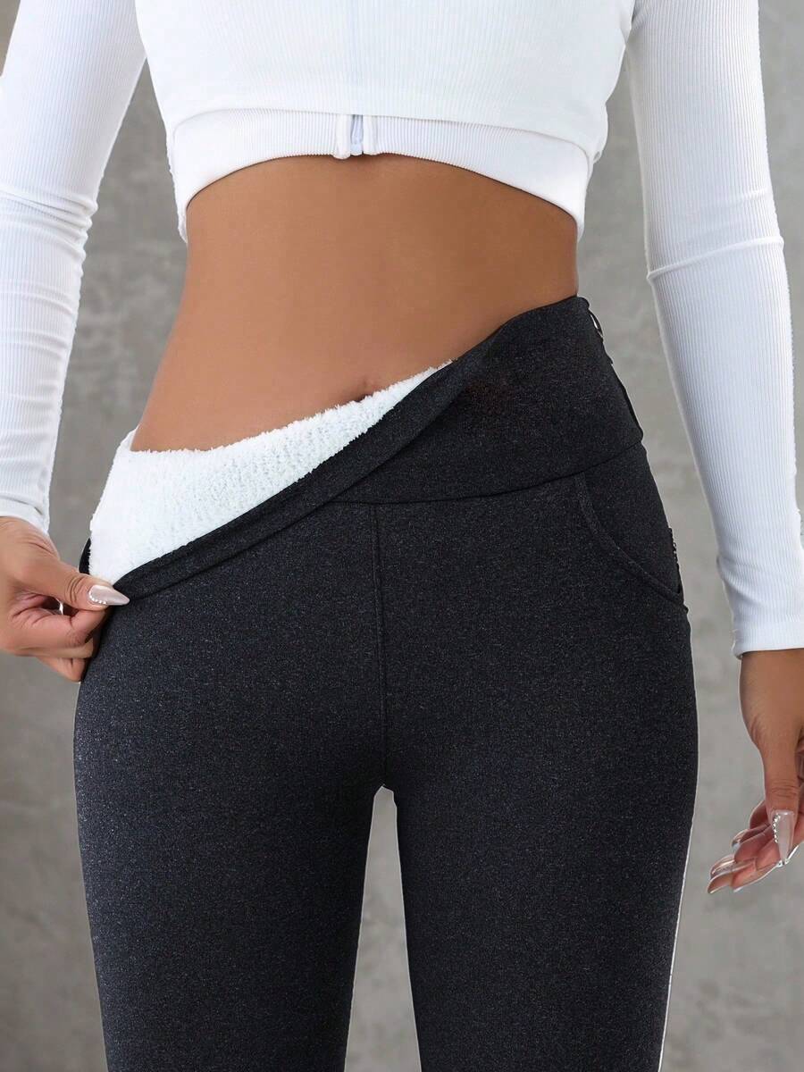女士高腰保暖打底裤 - 弹力加厚，保暖舒适，适合冬季穿着，配有弹性腰带和口袋，休闲舒适 | 时尚冬季裤装 | 保暖打底裤 - 黑與白 - 查看 1