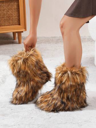 奢华女士毛茸茸中筒雪地靴，时尚个性化女鞋 - 厚实保暖，人造毛皮衬里，蓬松靴子，毛绒毛茸派对盛装女式冬靴