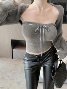 2pcs Sexy & Alluring Grey Cropped Camisole Top & Faux Fur Long Sleeve Sweater Shawl Set, Suitable For Dates, Commuting, Christmas, New Year