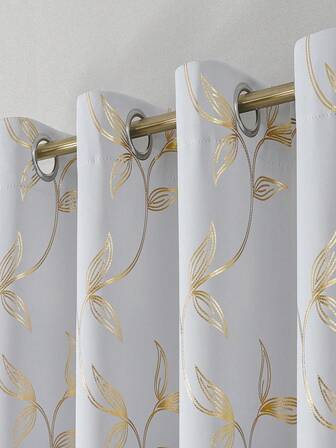 2pcs/Set Blackout Curtains, High-Precision Woven Polyester Fiber, Top Ring Design, White And Gold Floral Pattern Curtains, Suitable For Living Room, Bedroom, Dining Room, Home Decor