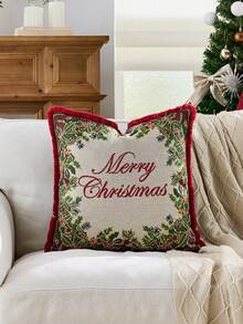 1pc Christmas Santa Claus Tassel Decorative Throw Pillow Case Cover, Front Jacquard Fabric, Back Plush Fabric, Square Cushion Cover, Holiday Home Pillow Decor, Soft Velvet Material, Modern Decor For Sofa, Home & Bedroom - Green - View 9