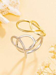 1pc Elegant Hollow Geometric Streamlined Open Stainless Steel Ring, Versatile Multi-Element Band, 18K Gold Vacuum Plating, Waterproof Accessory For Women, Party Wear