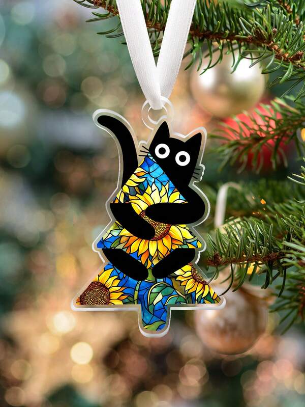 1pc Black Cat Holding A Christmas Tree, Black Cat Christmas Pendant Acrylic Ornaments, Christmas Tree Hanging Decorations, Christmas Home Pendant Ornaments, Cat Lovers Gift Idea Christmas Decor, Acrylic Christmas Home Decor