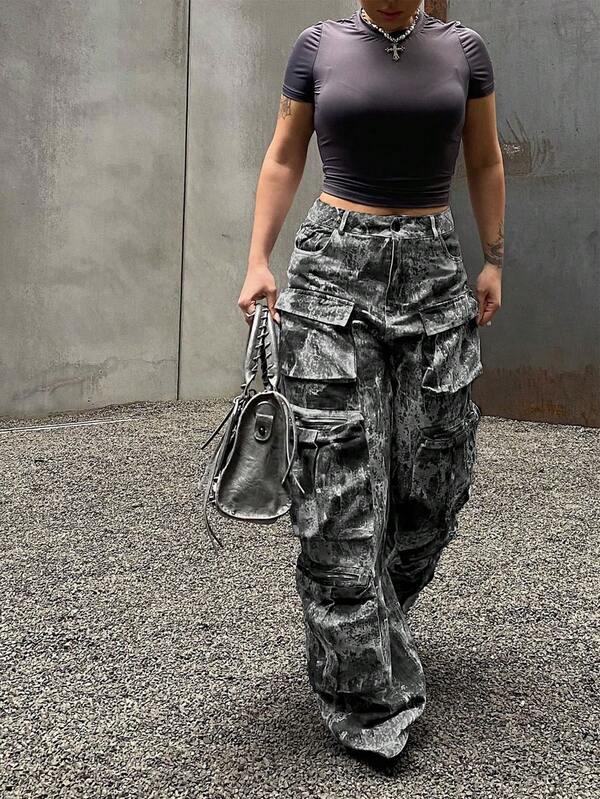 Calça Cargo Reta Feminina, Calça Jogger Tática de Múltiplos Bolsos, Modelagem Solta, Calça Utilitária Casual, Adequada para Uso Urbano Feminino