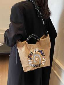 Embroidered Retro Bucket Bag For Women, New Arrival, Niche, Versatile, Commute Shoulder Bag, Embroidered Horse