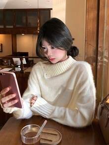 优雅舒适高领保暖毛衣上衣 - 米色 - 查看 4