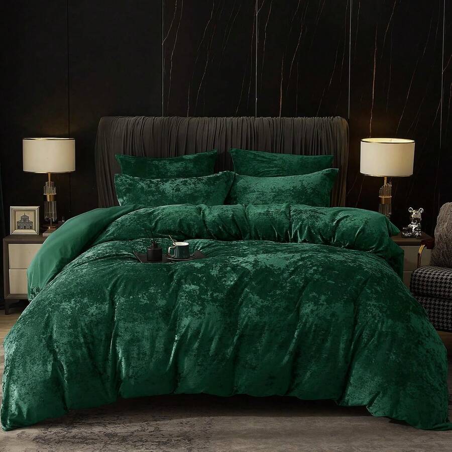 Queen Size 3pcs Ultra Soft Breathable Comforter Cover Set, Luxury Cozy Flannel Duvet Cover With Pillow Shams, 90" X 90", Dark Grey,  And  Bedding Collection - Emerald Green (No Comforter) - 查看 1