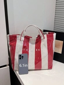 时尚百搭的撞色手提包，休闲简约字母印花装饰手提包，高端小众竖条纹设计托特包，大容量通勤包（适合大学生），轻便实用的沙滩包，防水PVC材质魔术贴手提包，适合与朋友购物、约会、商务旅行及各种场合。 - 紅白色 - 查看 7