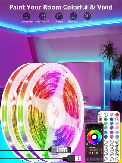 HBOWMDJIA 3ft-100ft LED Strip Lights For Home Decor, Smart Lighting With App Remote Control, Timing, Adjustable Brightness, Built-In Mic Music Sync Color Changing, LED Lights For Room, Bedroom Decor, Birthday Party, TV Backlight, Gaming Accessories, Halloween Decor, Christmas Decor And Gifts