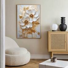 1 Peça, Pintura Pendurada em Tela, Pintura Decorativa Emoldurada, Pôster, Pintura a Óleo Floral Branca Elegante com Folhas Douradas - Decoração de Parede Abstrata Moderna para Sala de Estar, Quarto, Escritório, etc. - Pintura a Óleo Emoldurada em HD, Presente Perfeito para Halloween, Ação de Graças, Natal, Decoração de Ambiente, Corredor, Cafeteria, Biblioteca, Banheiro - Multicolorido - Visão 8