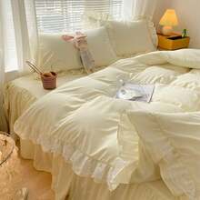 Chic Ruffle Lace Polyester Duvet Cover Set - Girl White Bedding - 2 Piece Twin Comforter Duvet Cover With Zipper Closure - Ultra Soft And Lightweight (White, Twin) - NO Comforter Included - 淡黃色 - 查看 5