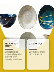 Zestaw do naprawy szkła Jakehoe Ceramic Glass Repair Art Kit – złoty klej głęboko spaja potłuczoną ceramikę i szkło, przekształcając uszkodzone przedmioty w dzieła sztuki. Zaprojektowany do naprawy i upiększania potłuczonej ceramiki i szkła.