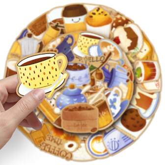 50张咖啡和甜点治愈贴纸，适用于水瓶、手机壳、剪贴簿、笔记本电脑