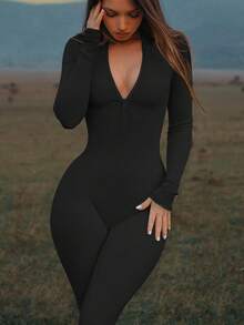 Womens Workout Winter Long Jumpsuits Seamless Yoga Gym Bodycon Rompers Sexy Unitard Tummy Control - Zip Black - View 7