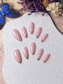 10片手工制作杏仁形裸色、米色、焦糖棕色波点极简时尚假指甲美甲用品手工按压式指甲 - 彩色 - 查看 5