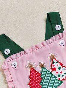 Baby Girls Christmas Overalls Tree Embroidery Print Sleeveless Jumpsuit Suspender Pants For Kids Toddler