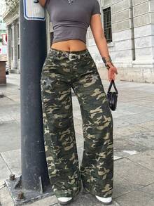 女士中腰直筒迷彩牛仔裤 - 无弹力经典水洗军装风牛仔裤，纽扣和拉链门襟，实用口袋 - 軍綠色 - 查看 7