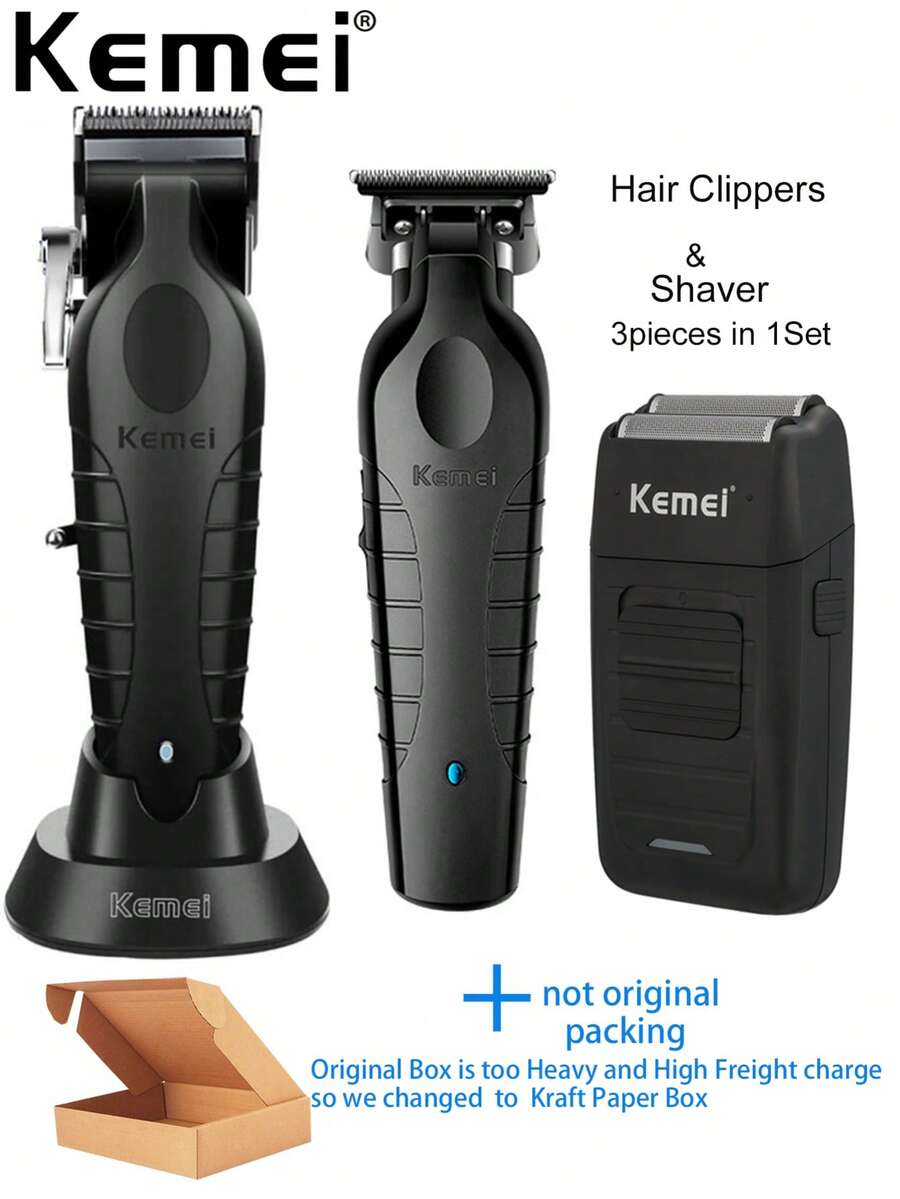 3Pieces Kemei 2296 , 2299 Hair Clippekit, Men's Electric Hair Trimmer Machine, Professional Hair Cutting Machine Clipper 3pieces KM-1102 Men's Razor Beard Shaving Machine USB Rechargeable Hot Selling For Daily Home Use Or Barber Shop Salon Use - 黑色 - 查看 1