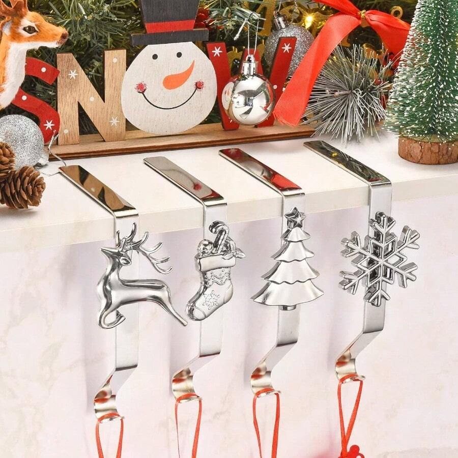 Stocking Holders Mantle Set Of 4, Weighted Stocking Hangers Mantel Fireplace, Stocking Hooks Xmas Decoration Silver
