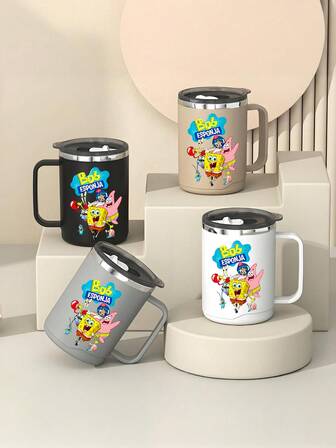 SPONGEBOB 1 pieza Taza de agua ESPONJA BOB de 400 ml/13.5 oz de gran capacidad, de color blanco, negro y gris, resistente y durable, con asas de doble capa engrosadas fáciles de usar, adecuada como regalo de Navidad o cumpleaños (algunas partes pueden ser aleatorias)