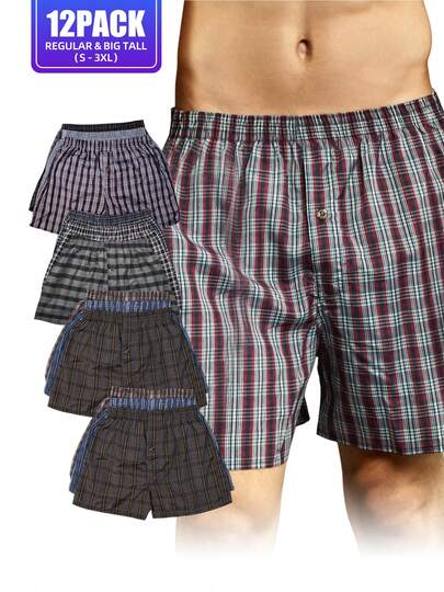 Men's Cotton Blend Boxer Shorts Random Mixed Color Pack Woven Relaxed Fit Boxers For Men Soft Breathable Mens High Quality Underwear With Button Fly Pouch Elastic Waist Comfortable Fabric Menswear