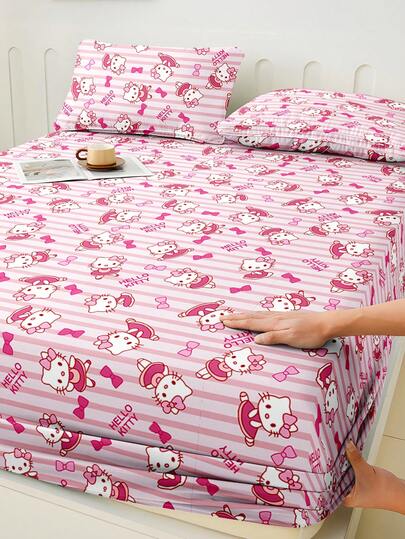 Sanrio 1pc Cute Cartoon Print Fitted Sheet, // Bedding, Mattress Protector, Bed Cover, Fitted Sheet, Comfortable Home Textile, Breathable Anti-Pilling Mattress Protector, Home Decor, Fits All Bed Sizes - Twin, Full, Queen, King, Suitable For All Seasons, Dust-Proof Bed Cover, Machine Washable