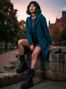 Sudadera afelpada tipo hoodie con capucha para mujer, clásica y casual. Diseño largo. Tela de poliéster y elastano, apta para temporadas de otoño e invierno. Ajuste holgado con cierre de cremallera. Manga larga, bolsillos tipo canguro. Interior afelpado, cálido, suave y muy cómodo. - Azul - Ver 5