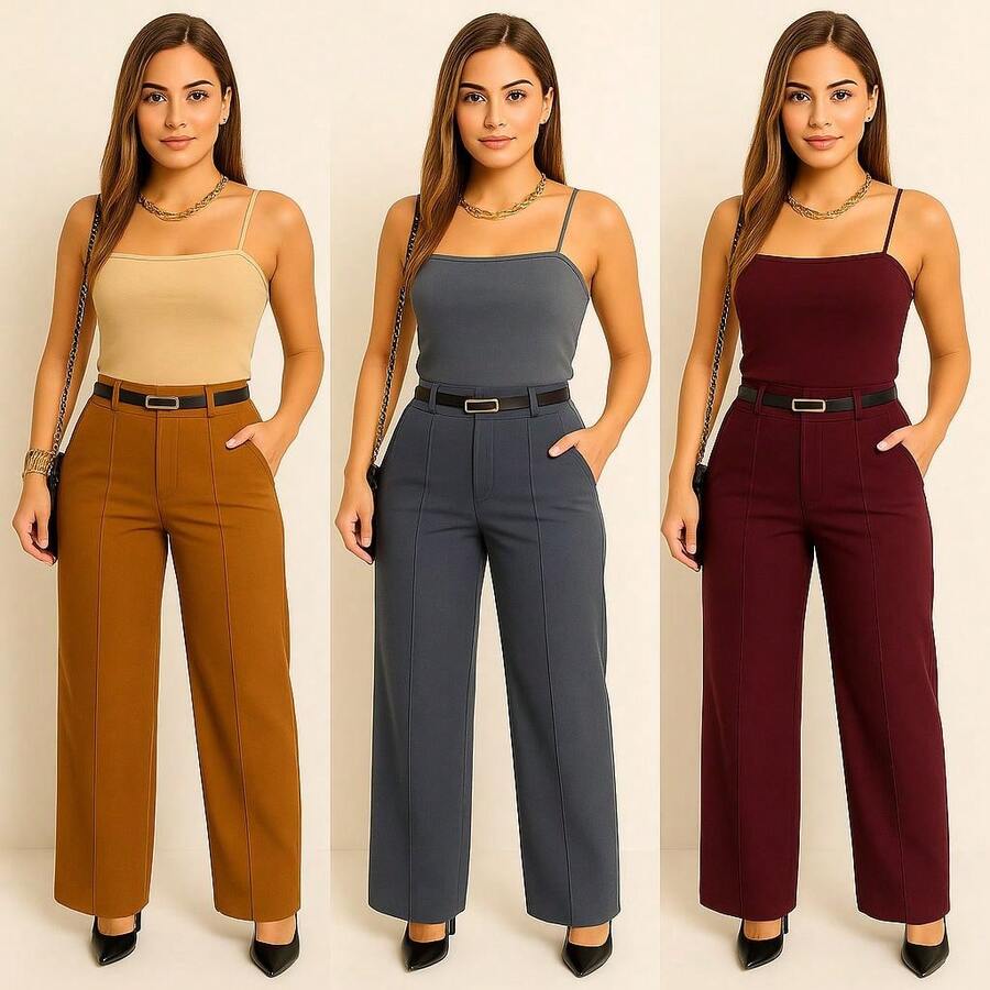 Kit 3 Women's Tailored Trousers With Belt - 酒紅色/灰色/焦糖色 - 查看 1