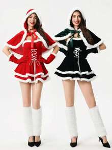 Selendang Natal Wanita - Merah & Hijau, Bahan Fleece Tebal, Model Berkerudung, Dapat Dicuci dengan Mesin, Hangat & Tahan Angin, Cocok untuk Pesta Liburan, Pertunjukan Panggung, Pertemuan Keluarga, Pakaian Rumahan, Desain Berkualitas, 100% Poliester - MultiWarna - View 5