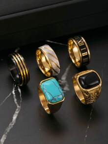 5-Piece Men's Stainless Steel Ring Set 18K Gold-Plated Rotating Anxiety Relief Ring Retro Pattern Fashionable Imitation Turquoise Bohemian Men's Jewelry Suitable For Everyday Wear Gift