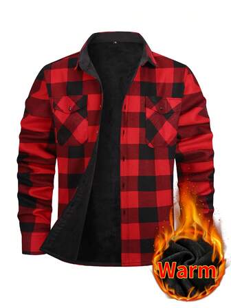 1pc Christmas Gift Men's Flannel Warm Shirt, Casual Plaid Long Sleeve Thickened Thermal Lined Shirt With Pockets For Autumn/Winter