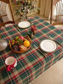 1pc Christmas Green Tablecloth, Tassel Fringe, Retro Green Plaid, Brushed Woven Fabric, Rectangular, Washable, Suitable For Coffee Table, Bedside Cabinet, Autumn/Winter Dining Table Decor, Suitable For Home, Kitchen, Party, Holiday, Christmas, New Year Decoration