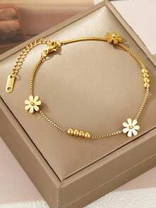 1pc Fashionable Daisy Flower Stainless Steel Anklet, Elegant Gift For Women (No Gift Box) - Yellow Gold - View 1