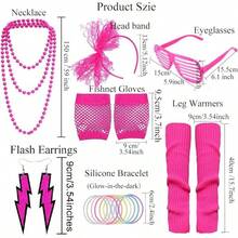 80s Outfits Women 80's Costume Accessories Women 1980s Costume 22 Pcs 80s Party Hoween Outfits - 玫瑰色+黑色緊身褲 - 查看 3