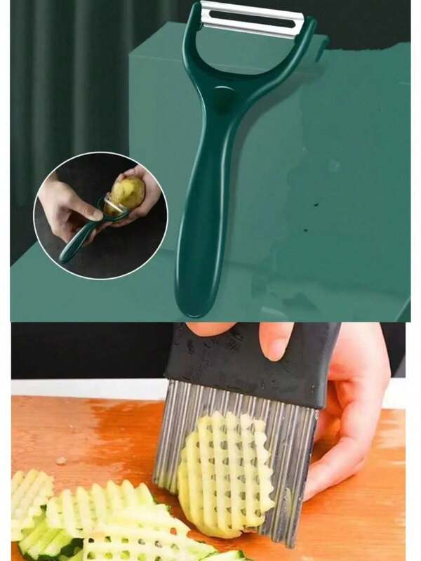2pcs Stainless Steel Corrugated Potato Slicer With Peeler, Multifunctional For Fresh Fruits, Vegetables, Salads, Carrots, Potatoes, French Fries - Durable Stainless Steel Blade - Perfect For Home Kitchen