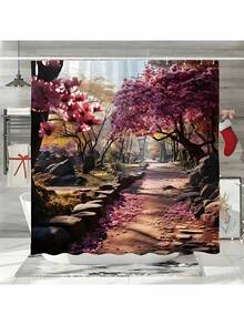 1 pièce Rideau de douche à motif paysage floral rose, rideau de douche imperméable avec crochets, séparateur de salle de bain, accessoire de décoration de salle de bain, décoration de Noël