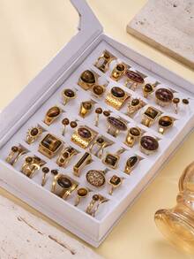 1/3/6/9/12/15/18 Peças Conjunto de Anéis Combinados de Olho de Gato com Pedra Preciosa Oval Revestido a Ouro 18K em Aço Inoxidável, Estilo Elegante de Férias, Design de Estampa de Leopardo, Versátil, Adequado para Presentes Femininos, Decoração de Festa, Uso Diário