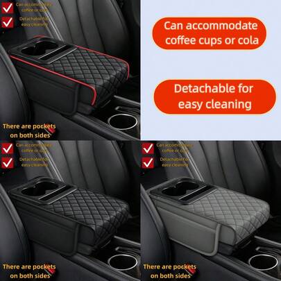 3 英寸厚度加厚中央扶手箱垫，尺寸 14 英寸 x 8 英寸 x 3 英寸，可拆卸杯架设计，方便清洁，PU 皮革汽车扶手垫，加厚软海绵芯，可调节绑带，汽车内饰配件