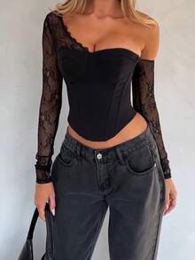 Onicee Women's Autumn Fashion Sexy Lace Patchwork Oblique Shoulder Long Sleeve Blouse - Black - View 7