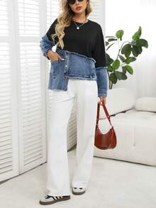 Women's Elegant Patchwork Sweatshirt Top, Suitable For Spring And Autumn Casual - Dark Blue - View 5