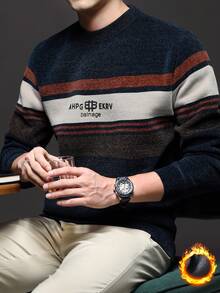 Men's Thick Striped Chenille Sweater, Business Commute & Casual Versatile Middle-Aged Knitted Pullover, Winter, Long Sleeve Top